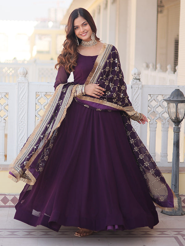 Wine Sequins Embroidered Faux Blooming Gown With Designer Dupatta