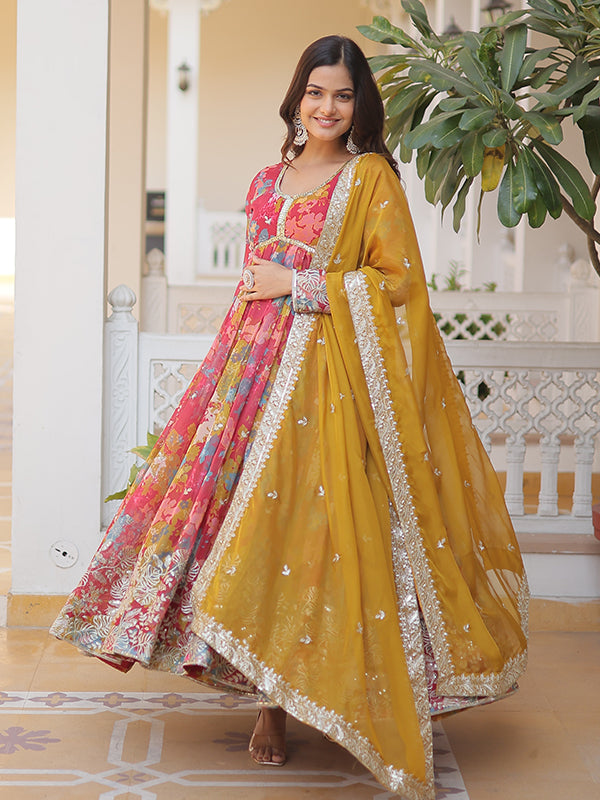 Pink Yellow Printed Russian Silk With Embroidery Zari Sequins Gown With Dupatta