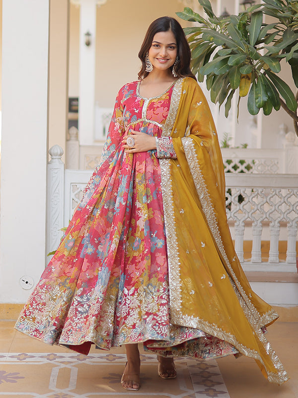 Pink Yellow Printed Russian Silk With Embroidery Zari Sequins Gown With Dupatta