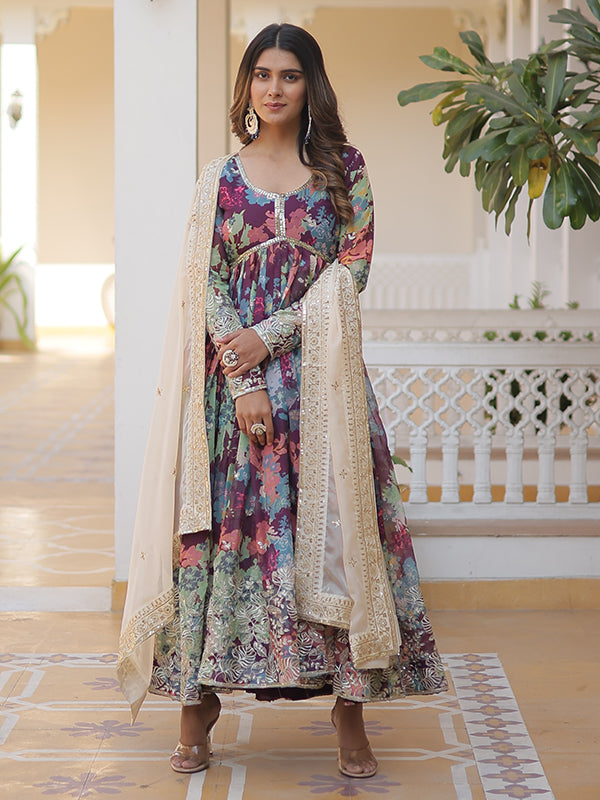 Wine Green Printed Russian Silk With Embroidery Zari Sequins Gown With Dupatta