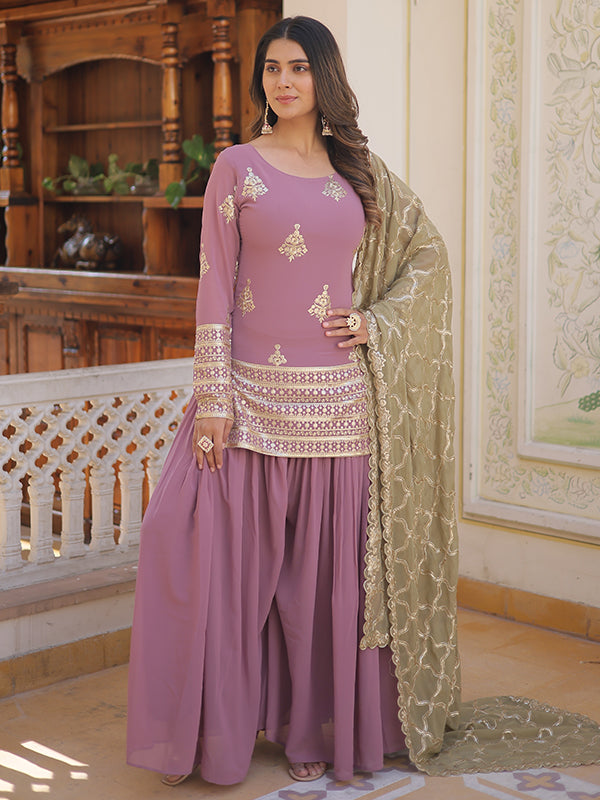 Onion Faux Georgette with Embroidery Sequins Kurti With Sharara Set