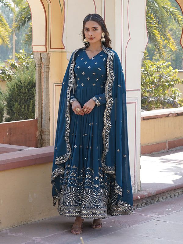 Rama Faux Georgette with Embroidery Zari Sequins Gown With Dupatta