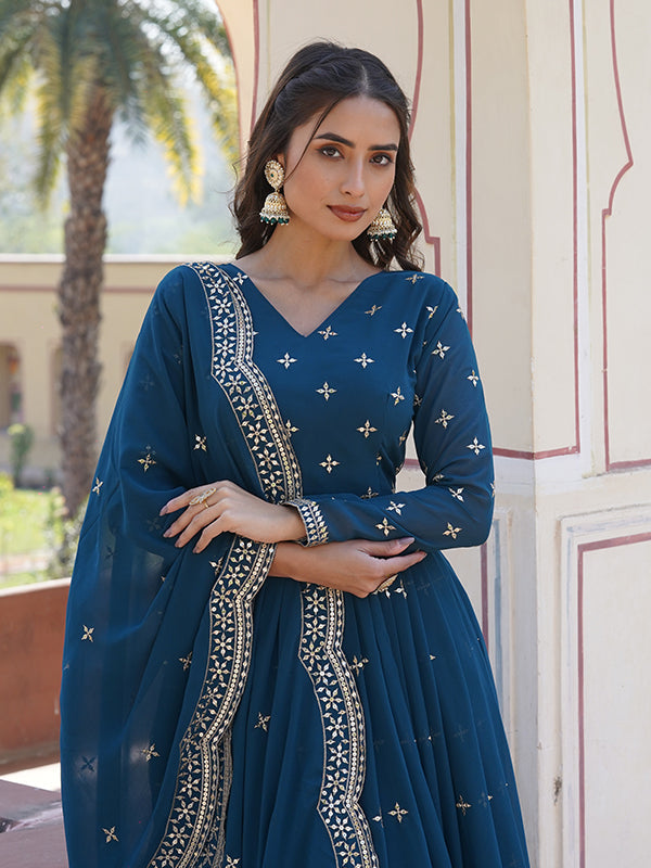 Rama Faux Georgette with Embroidery Zari Sequins Gown With Dupatta