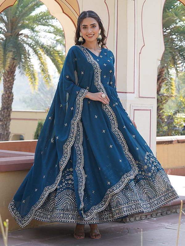 Rama Faux Georgette with Embroidery Zari Sequins Gown With Dupatta