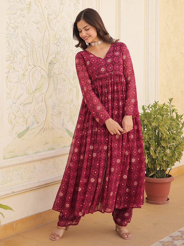 Wine Foil Printed Faux Georgette Kurti With Pant Set