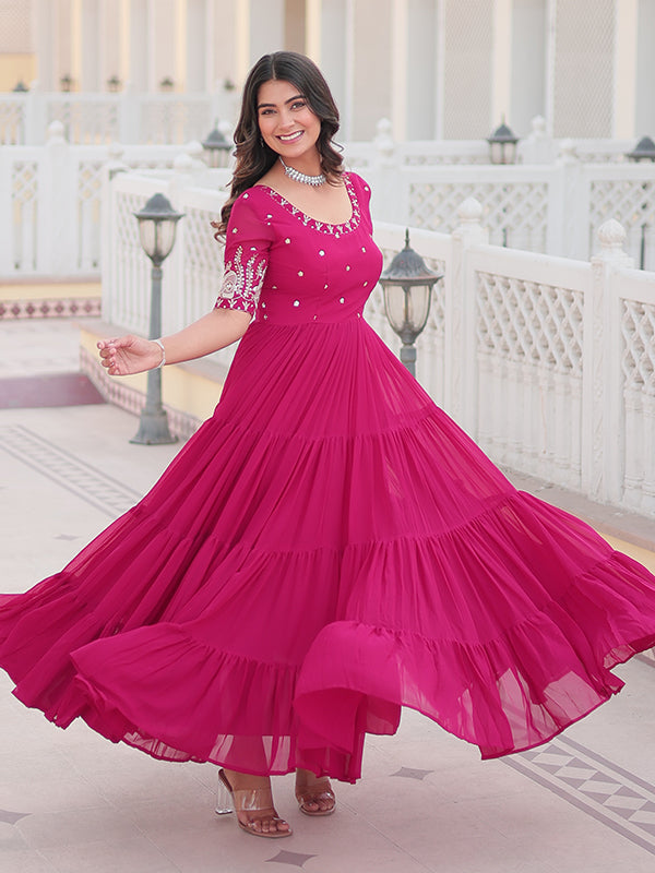 Rani Pink Faux Blooming With Embroidery Zari Sequins Gown