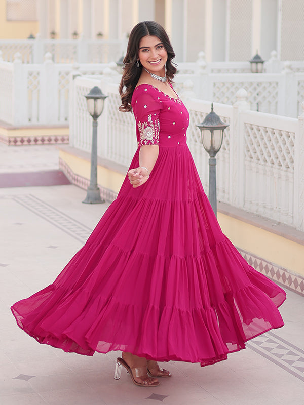 Rani Pink Faux Blooming With Embroidery Zari Sequins Gown