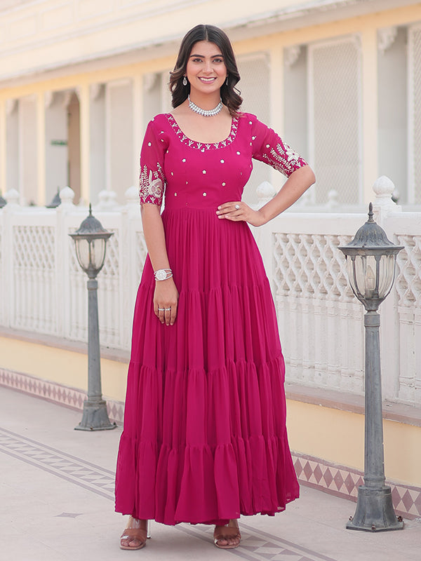 Rani Pink Faux Blooming With Embroidery Zari Sequins Gown