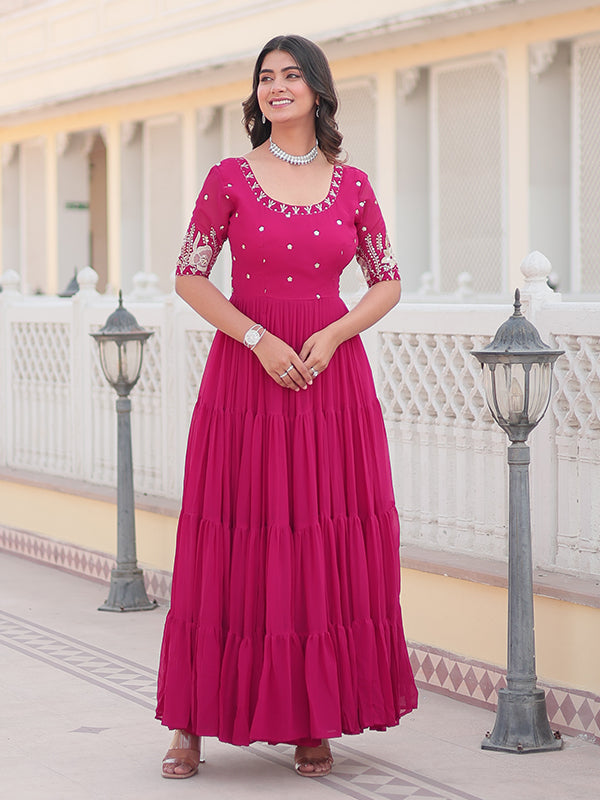 Rani Pink Faux Blooming With Embroidery Zari Sequins Gown