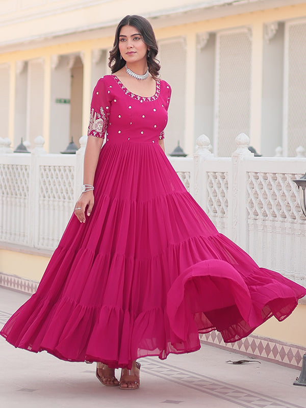 Rani Pink Faux Blooming With Embroidery Zari Sequins Gown