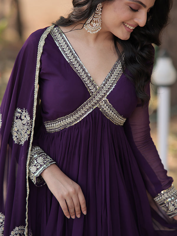 Purple Faux Blooming With Designer Lace Border Gown With Dupatta