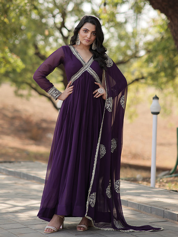 Purple Faux Blooming With Designer Lace Border Gown With Dupatta