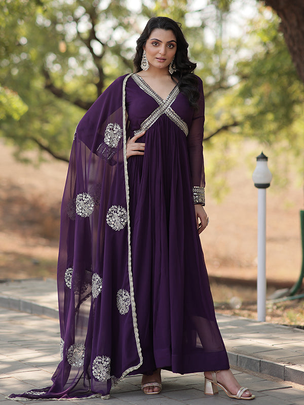 Purple Faux Blooming With Designer Lace Border Gown With Dupatta