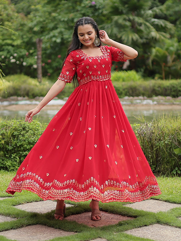 Red Faux Blooming With Embroidery Zari Sequins Gown