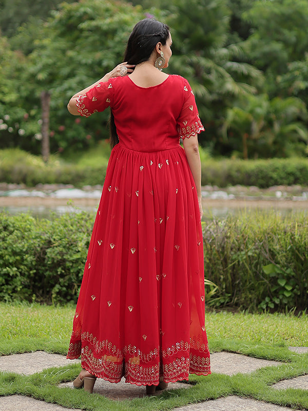 Red Faux Blooming With Embroidery Zari Sequins Gown