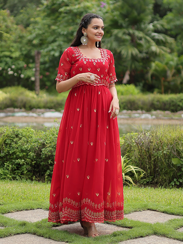 Red Faux Blooming With Embroidery Zari Sequins Gown