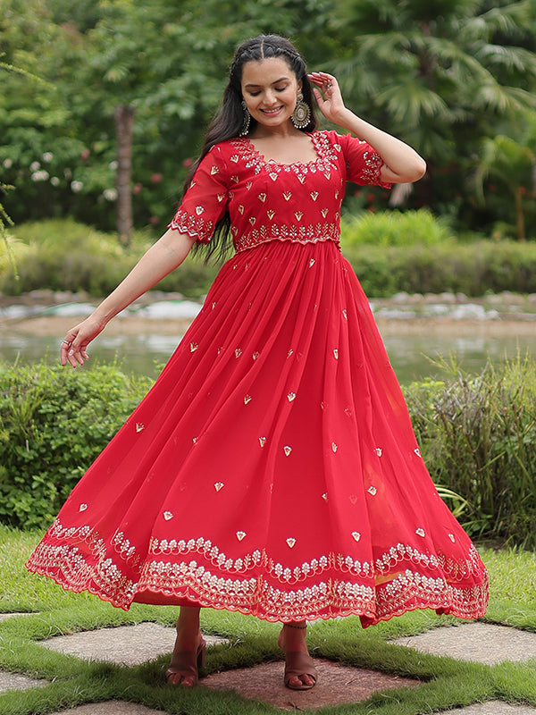 Red Faux Blooming With Embroidery Zari Sequins Gown