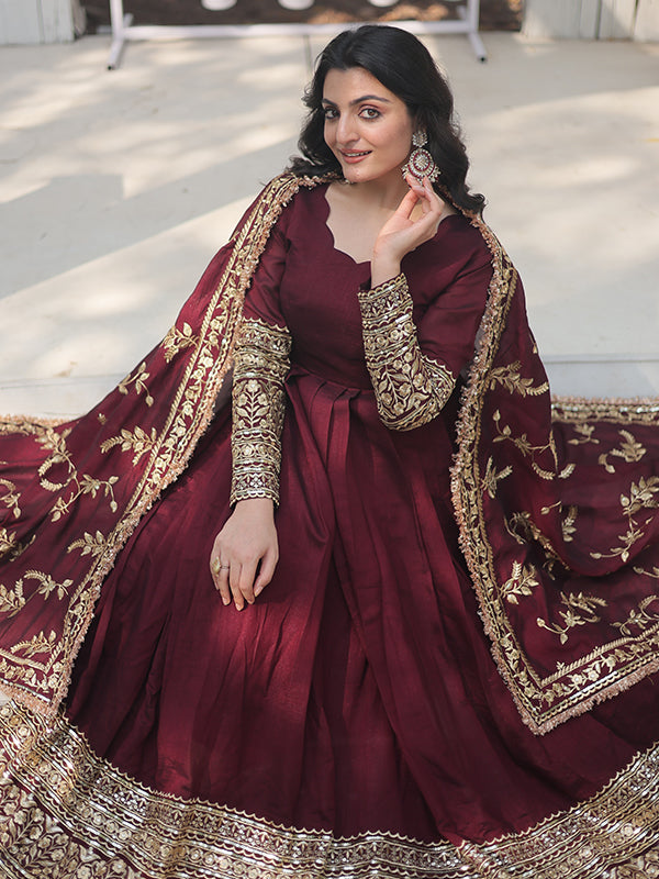 Dark Maroon Vichitra With Rich Sequins Embroidered Gown With Dupatta