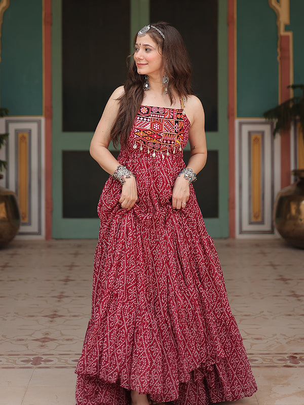 Maroon Sleeveless Georgette Bandhani Print With Kutchi Patchwork Gown