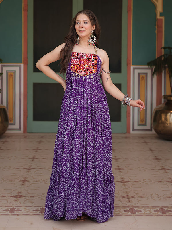 Purple Sleeveless Georgette Bandhani Print With Kutchi Patchwork Gown