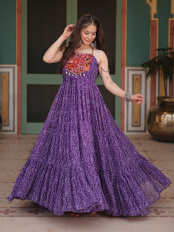 Purple Sleeveless Georgette Bandhani Print With Kutchi Patchwork Gown