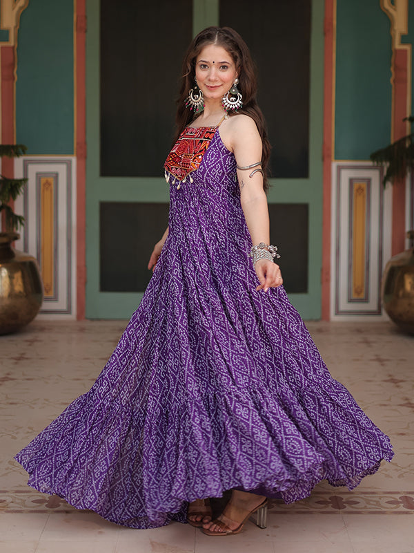 Purple Sleeveless Georgette Bandhani Print With Kutchi Patchwork Gown