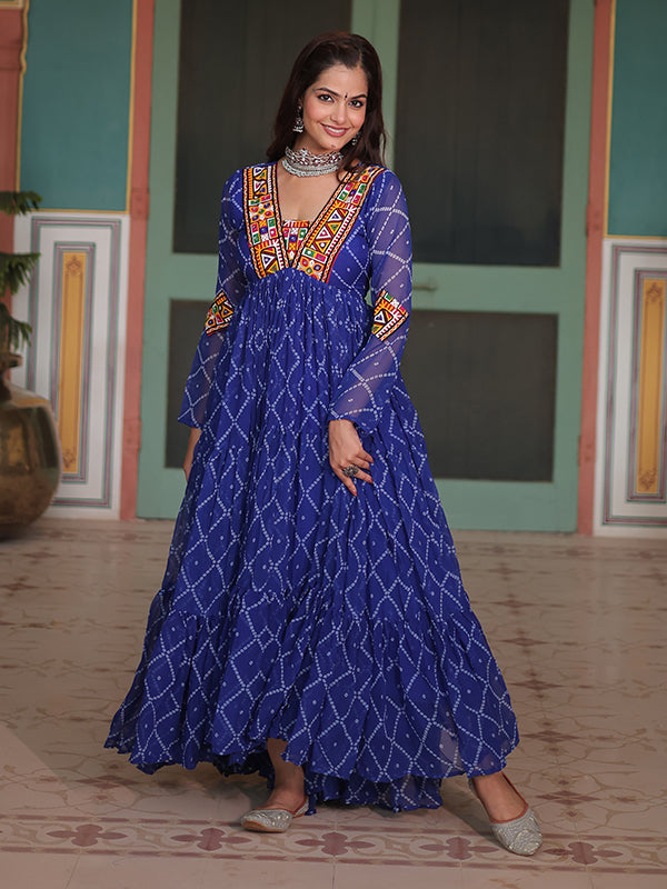 Blue Bandhani Print With Kutchi Patchwork Neck Georgette Gown