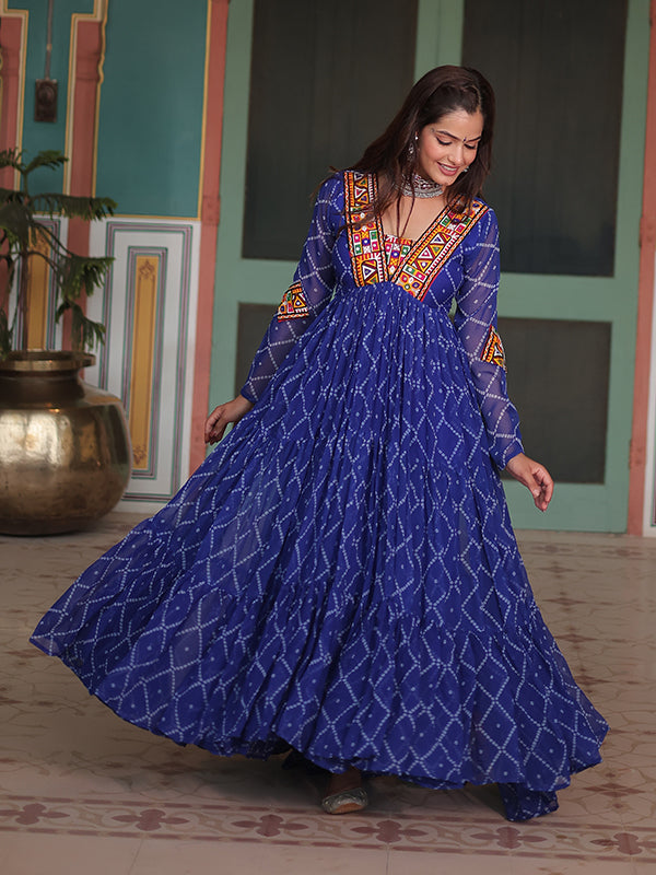 Blue Bandhani Print With Kutchi Patchwork Neck Georgette Gown