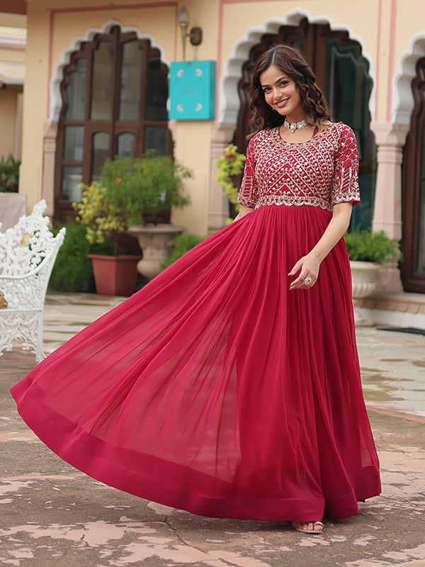 Pink Faux Blooming With Embroidery Zari Sequins Gown