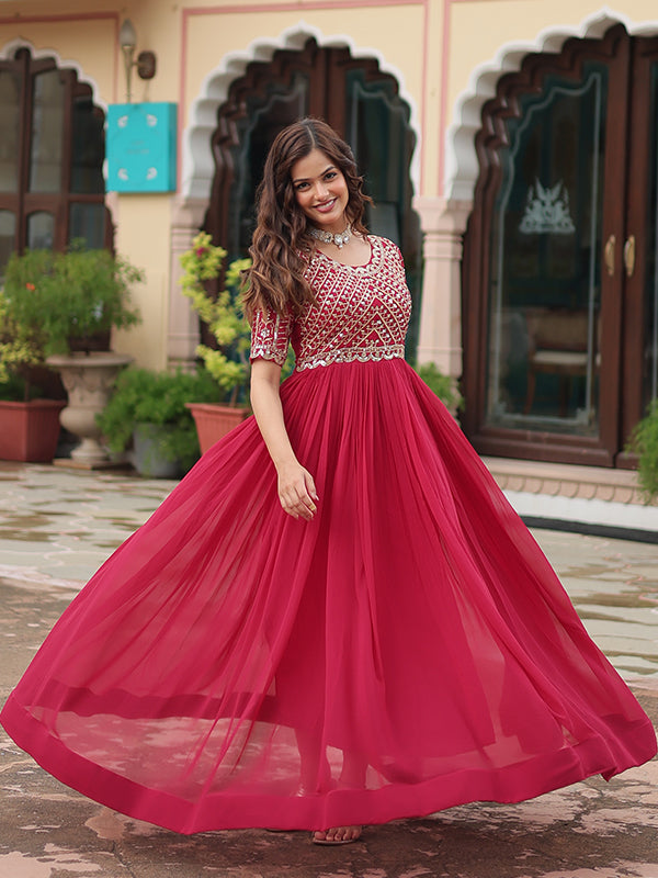 Pink Faux Blooming With Embroidery Zari Sequins Gown