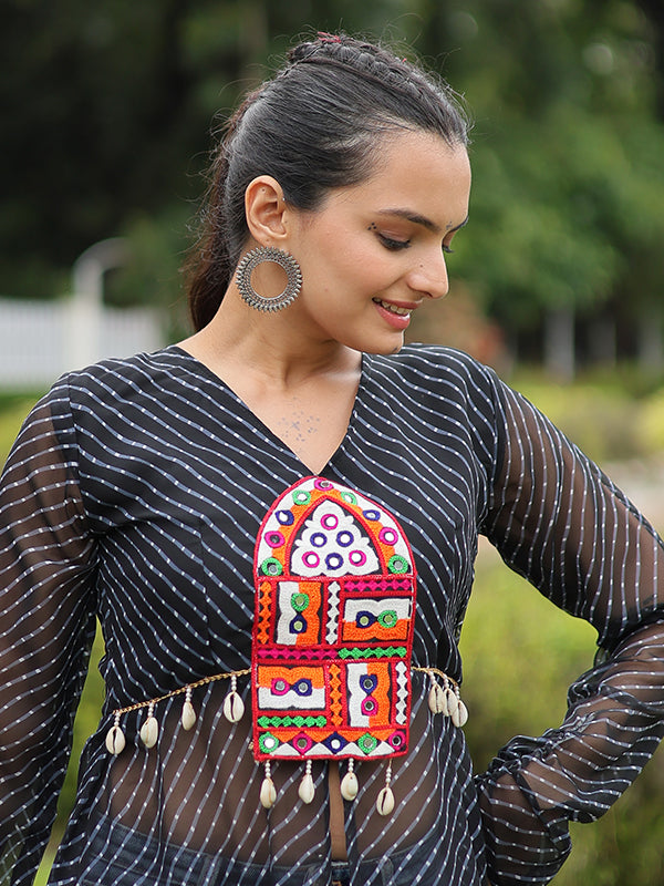 Black Laheriya Print With Kutchi Patchwork Front Open Long Kurti