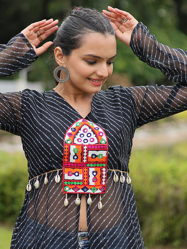 Black Laheriya Print With Kutchi Patchwork Front Open Long Kurti