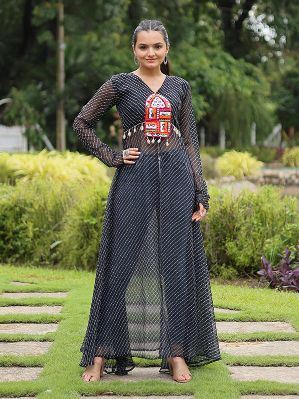 Black Laheriya Print With Kutchi Patchwork Front Open Long Kurti