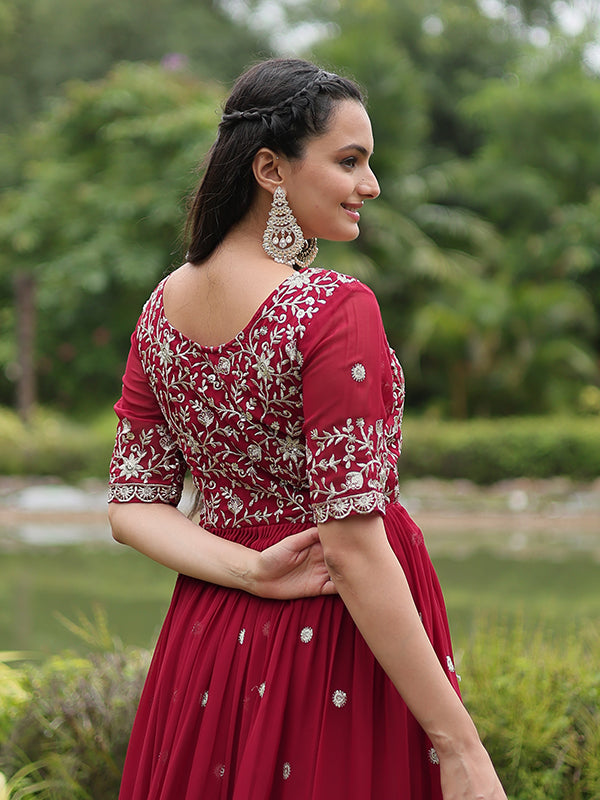 Maroon Faux Blooming With Embroidery Zari Sequins Gown