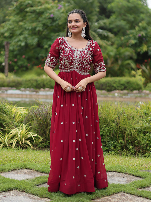 Maroon Faux Blooming With Embroidery Zari Sequins Gown