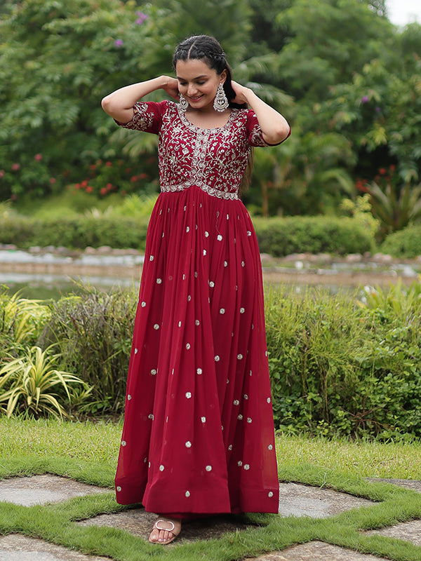 Maroon Faux Blooming With Embroidery Zari Sequins Gown