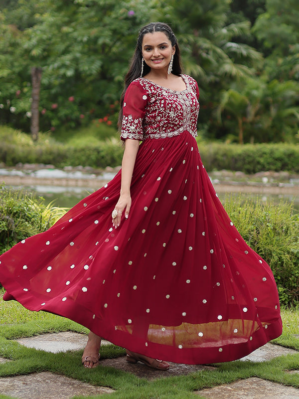 Maroon Faux Blooming With Embroidery Zari Sequins Gown