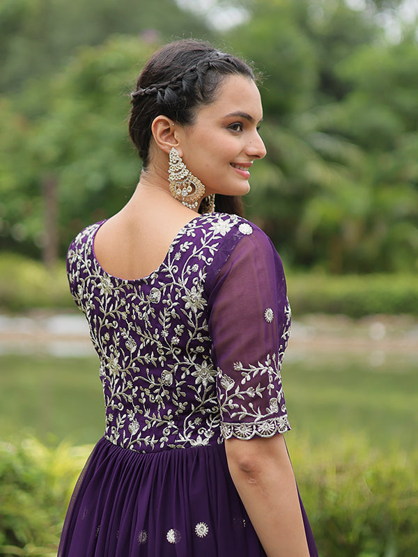 Purple Faux Blooming With Embroidery Zari Sequins Gown