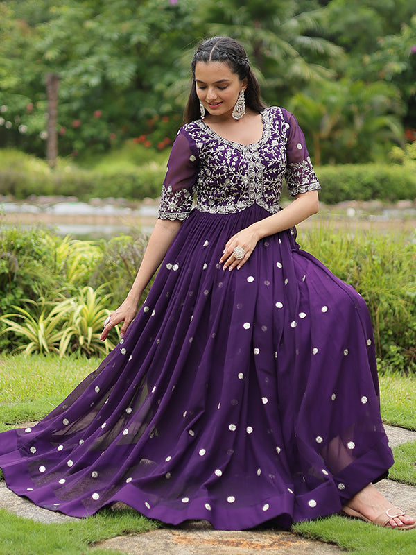 Purple Faux Blooming With Embroidery Zari Sequins Gown