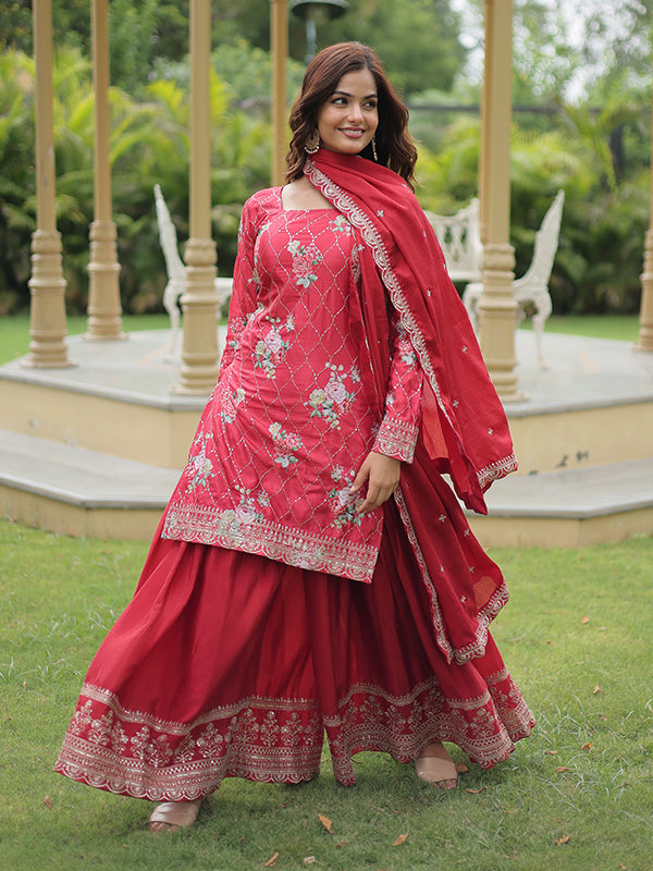 Maroon Chinnon Sequins & Embroidered Kurti With Palazzo Set