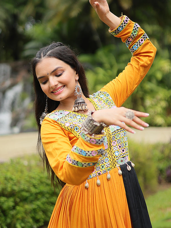 Orange Heavy Rayon Plain Layered With Kutchi Gamthi Work Gown