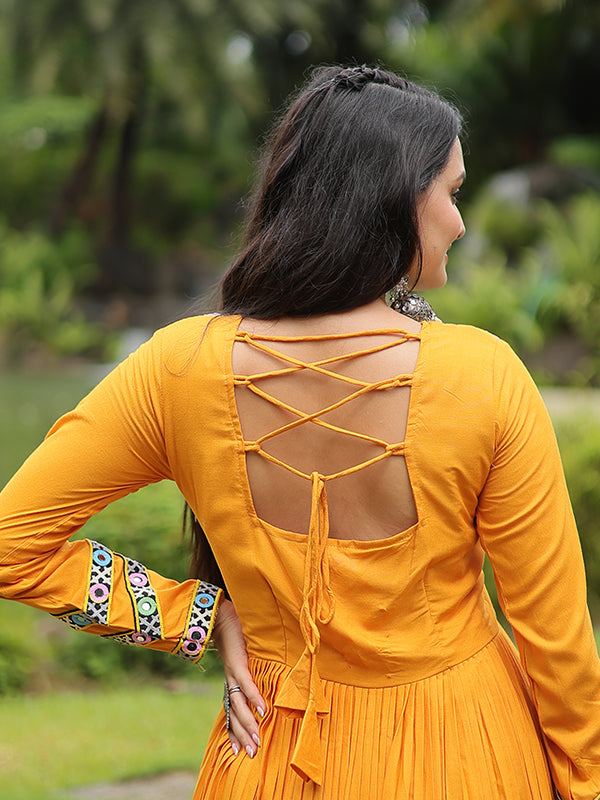 Orange Heavy Rayon Plain Layered With Kutchi Gamthi Work Gown