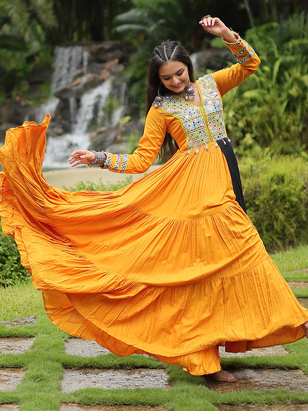 Orange Heavy Rayon Plain Layered With Kutchi Gamthi Work Gown