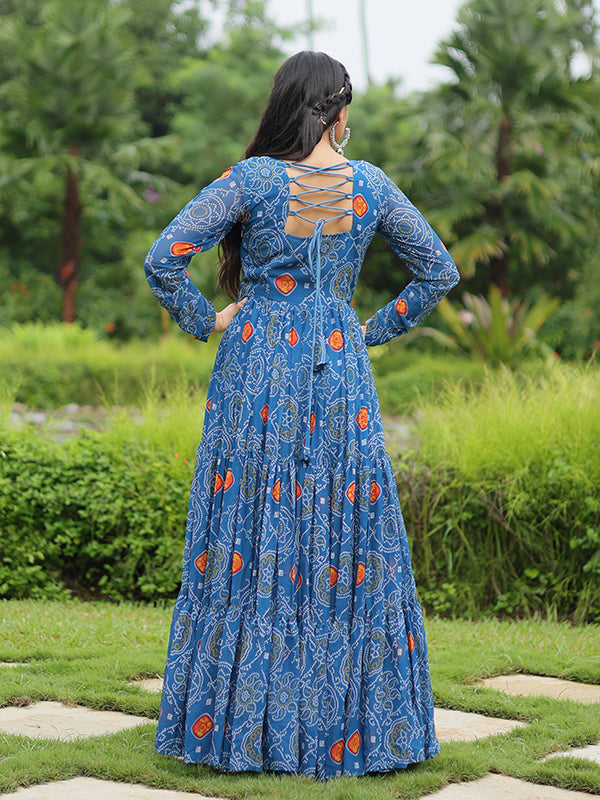 Blue Faux Georgette Bandhani Print With Kutchi Patchwork Gown