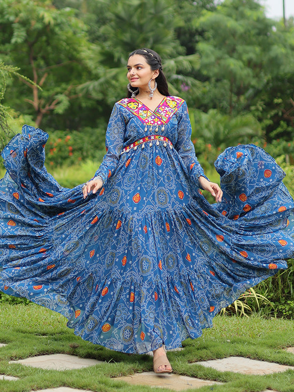 Blue Faux Georgette Bandhani Print With Kutchi Patchwork Gown