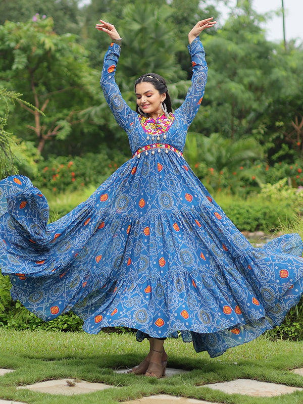 Blue Faux Georgette Bandhani Print With Kutchi Patchwork Gown