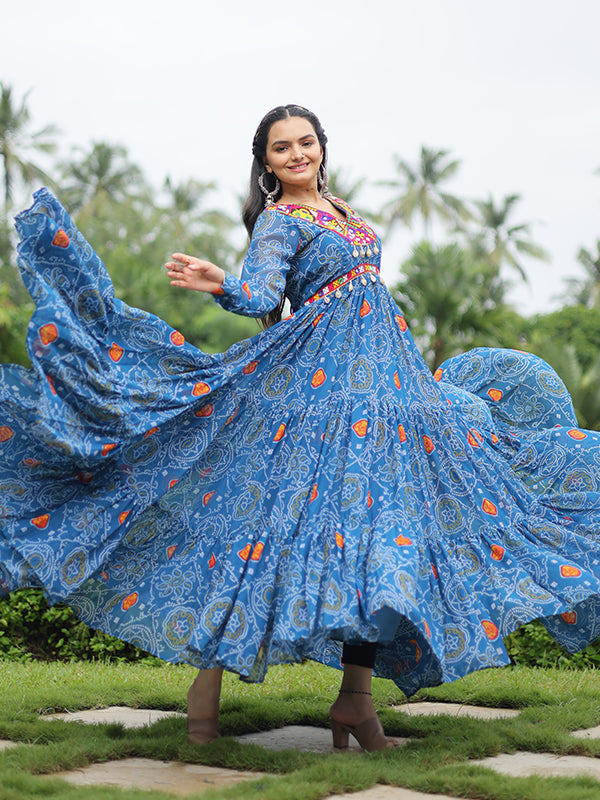 Blue Faux Georgette Bandhani Print With Kutchi Patchwork Gown