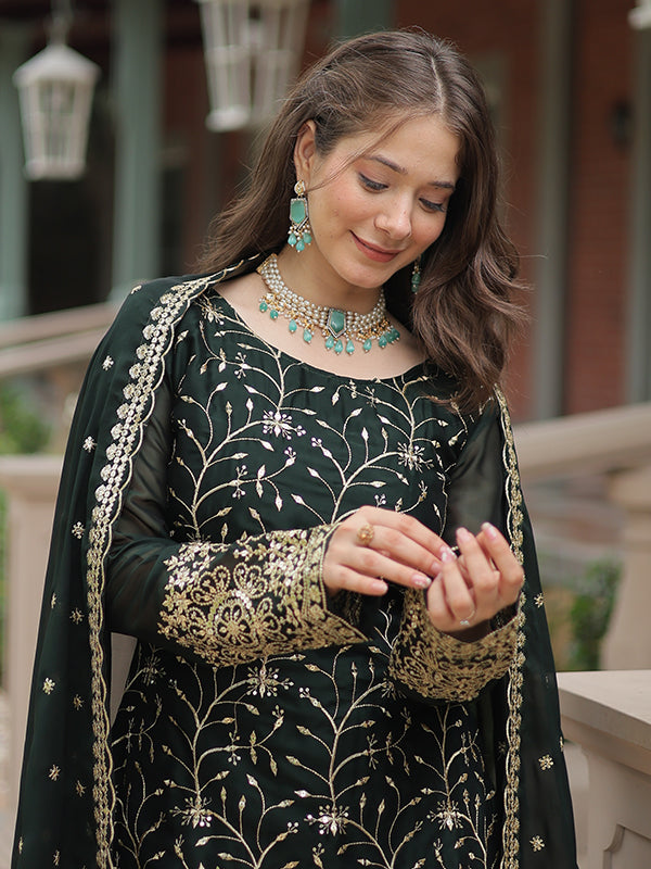 Green Rangoli Silk Embroidered Kurta With Sharara & Dupatta