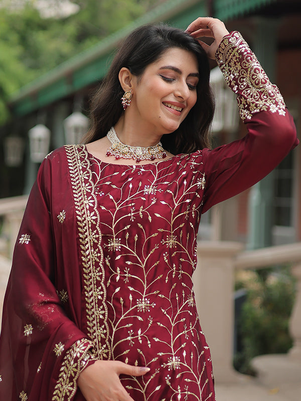 Maroon Rangoli Silk Embroidered Kurta With Sharara & Dupatta