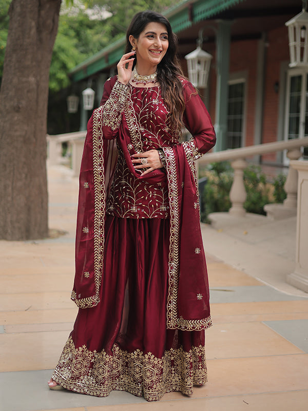 Maroon Rangoli Silk Embroidered Kurta With Sharara & Dupatta